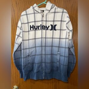 Vintage Hurley Men’s M Blue White Gradient Plaid Zip Hoodie Surf Skate Logo Y2K